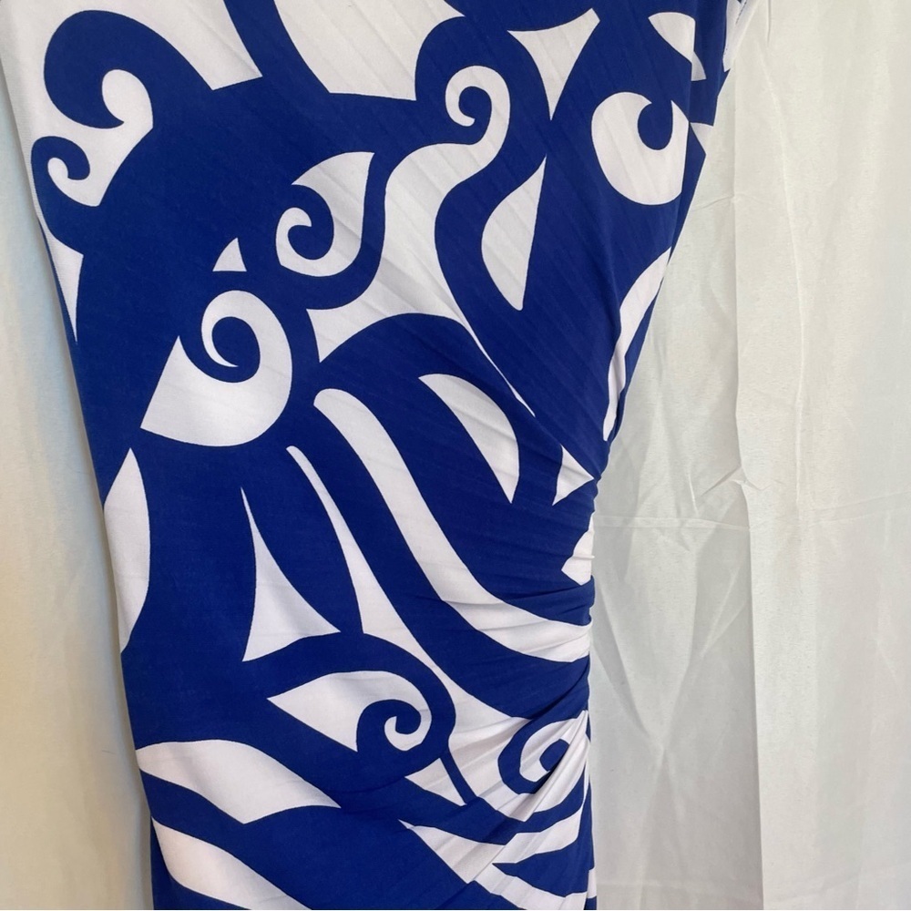 DONNA MORGAN Women’s Blue White Swirl Pencil Dress‎ Ruche Cap Sleeve Size 14 NWT - Picture 8 of 13